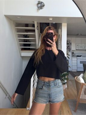 Free People Black Cropped Long-Sleeve Top with bell sleeves